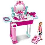 Pretend Play Makeup Toy Set Beauty Princess Dressing Table and Suitcase 2 in 1 Gift for Girls Kids Children,Pink