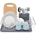 KINGRACK Dish Drainer with Drip Tray,Grey Dish Rack with Large Capacity,Dish Drying Rack with External Cutlery Holder,Removable Draining Board,Cup Holder,Compact Kitchen Drainers WK810338