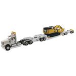 International HX Series Trucks Item 85600, 1: 50 Scale International HX Tandem Tractor & XL 120 Trailer, Outriggers Loaded with Cat 349F L Xe Hydraulic Excavator, White, 1: 50 Scale