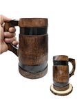 POSHIO Acacia Wooden Handcrafted Beer & Juice Mug with Handle and Metal Strip | Barrel Shaped Jumbo Mug for Cocktail Parties- Matte Finish (600 ml, 6.7 x 5 x 6.7 inches) (600ML, 1)