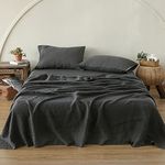 Simple&Opulence 100% Washed Linen Sheet Set-Full Size-Natural France Flax Bed Sheet-4 Pcs Breatherable,Ultra Soft,Farmhouse Bedding (1 Flat Sheet,1 Fitted Sheet,2 Pillowcases)-Embroidery Dark Grey