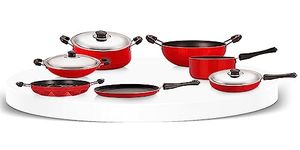 NIRLON Classic Premium Non Stick Aluminium Cookware Set of 10 | Flat Tawa 24cm | Kadai 21cm | Sauce Pan16cm | Fry Pan 24cm | Appam Patram 12Cavity | Casserole 20cm | Appa Chatti 22.5cm | 3 Steel Lid