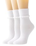 SEMOHOLLI Women Socks, Women Ankle Socks, Lovely double needle solid color Lace edge relent lady socks, 3 Pairs-white-long Style-ruffle Frilly, 5-8