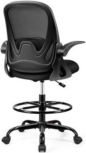 Drafting Chair Tall Office Chair with Flip-up Armrests, Adjustable Height, and Enhanced Lumbar Support - Ergonomic Rolling Stool, Back Support, and Adjustable Foot Rest Ring for Standing Desk Black