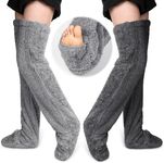 Vicenpal 2 Pairs High Fuzzy Socks over Knee Winter Leg Warmers Plush Extra Thick Slipper Socks for Women Christmas Sleeping, Light Gray, Dark Gray