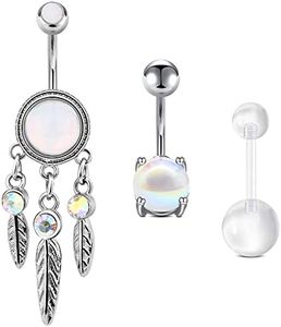 Funseedrr 5pcs Piercing Ombligo Anillo Acero Quirúrgico 14G 10mm Barras del Vientre Cuelgan Ópalo Turquesa Curvados Barbells Cuerpo Piercing Joyas Plata Oro Rosa