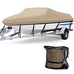 14-16 ft Waterproof Boat Cover - Heavy Duty 600D Polyester Oxford Bass Runabout Boat Cover, Fit V-Hull TRI-Hull Runabouts Outboards and I/O Bass Boats Fishing Boat | Beige