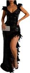 Sexy Feather Sequin Prom Dresse for Women Mermaid High Split Formal Party Evening Gowns Black XL