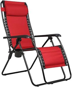 PORTAL Oversized Mesh Back Zero Gravity Reclining Patio Chairs, XL Padded Seat Folding Patio Lounge Chair with Adjustable Pillow and Cup Holder for Poolside Backyard Lawn, Support 350lbs, Red