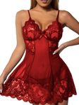 Bunanphy Women Lace Lingerie Set Babydoll Chemise Nightwear Strap Night Dress V Neck Teddy Nighties Nightdress Negligee Underwear #A Red XX-Large