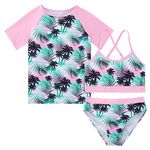 Beach Swim Suit Girls 3-Piece Plam Tree Rash Guard Set for Girls Size 10-11 Pink Kids Rashguard Shirt Bathing Suits for Girls Short Sleeve UPF 50+ Sun Protection Swimwear Tankini