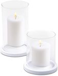 WHOLE HOUSEWARES Glass Candles Holders with Wooden Base - Tall Glass Hurricane Candle Holder - for Wedding Centrepieces - Table Decorations - Set of 2-4.3x3.9 and 6.2x3.9 (White)