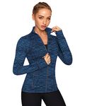 QUEENIEKE Women's Workout Running Jackets Full Zipper Slim Fit Athletic Yoga Jacket with Thumb Holes Heathered Blue/Black 60927 M