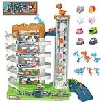 Losbenco Kids Garage Toy Set with Elevators, 6-Level Parking Adventure Toy for Toddlers, Race Tracks Car Ramp Set with Cars Animal Figures, Preschool Vehicle Playsets Gift for Boys Girls (JQ-W8054-3)