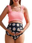 Maternity High Waist Bikini Swimsuit Two Piece Ruffled Hem Cute Floral Bathing Suit, Pink Daisy, Small