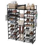 Finew Shoe Rack 9 Tier 3 Row, Metal Shoes Storage Organiser Shelf, Holds 50-55 Pairs Shoe Boots, Stackable Stand Shoe Cabinet with Hooks, Tall Shoe Tower for Hallway Entryway, Space Saving - Black