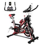 Jupgod Stationary Exercise Bike, Indoor Cycling Bike with Slient Flywheel, LCD Monitor, Comfortable Seat, Spin Bike for Home Gym Workout, Black Red