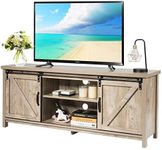 CASART Wooden TV Cabinet, 3 Tier TV Console Table with Sliding Barn Doors and Shelves, Rustic Media Entertainment Center for Living Room Bedroom Office (Grey Wash)