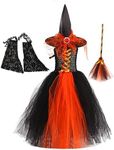 Witch Costume for Girls Bat Sleeve Witch Hat Broomstick Scary Dress Toddler Deluxe Wicked Witch Halloween Cosplay Outfits Fancy Dress Up Teen Girl Halloween Costumes Orange Witch (4PCS) 2-3 Years