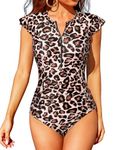 Tempt Me One Piece Swimsuits for Women Zip Front Rash Guard Short Sleeve Tummy Control Surfing Sport Bathing Suits, Leopard, X-Large