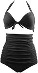 COCOSHIP Solid Black Elegant Vintage High Waisted Bikini Ruched Swimsuit Halter Swimwear(FBA), Black, 4X-Large