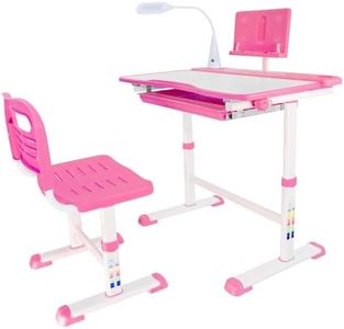 Hydroserenity Kids Desk and Chair Set, Height Adjustable Child's School Study Writing Tables with LED Lamps, Tiltable Kids Study Desk with LED Light, Storage Drawer, Book Stand (Rose)