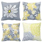 BCKAKQA Decorative Cushion Covers 45cm x 45cm Grey and Yellow Flowers Throw Pillow Cover Soft Polyester Square Throw Pillow Case for Living Room Sofa Couch Bed Pillowcases (18'' x 18'') Set of 4