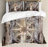 Ambesonne Marine Life Duvet Cover Set, Navy Sea Life Yacht Theme Colored Wood Backdrop Rudder Like Compass Marine, Decorative 3 Piece Bedding Set with 2 Pillow Shams, California King, Light Brown