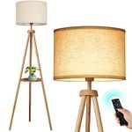 OUTON Solid Wooden Tripod Floor Lamp, Bulb Included, Standing Lamp with Remote Control, Dimmable & 4 Color Temperatures, 1H Timer, Floor Lamp with Storage Shelf Linen Shade for Living Room Bedroom