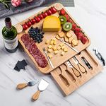 Sevin Clover Bamboo Cheese Board and Knife Set, Wood Charcuterie Platter and Serving Meat & Cheese Board with Slide-Out Drawer for Cutlery, 4 Stainless Steel Knives and Server Set