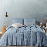 JELLYMONI Pinstriped 100% Washed Cotton Duvet Cover Set, 3 Pieces Ultra Soft Bedding Set with Buttons Closure, Blue with White Vertical Ticking Stripes Pattern Duvet Cover Queen Size(No Comforter)