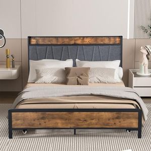 Levede Double Bed Frame, Industrial Platform Bed Frame with Charging Station, Tufted Soft Headboard, Heavy-Duty Steel Slats, 250kg Weight Capacity,Under Bed Storage,No Box Spring Needed, Easy Assemble