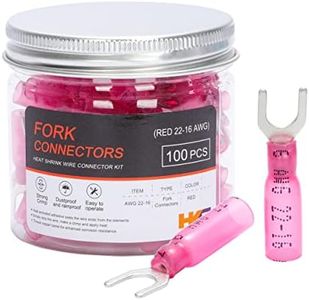 HKS 100PCS Fork Connector #10 Red 22-16 Gauge - Heat Shrink Spade Fork Wire Connectors Kit - Tinned Red Copper - Automotive Marine Crimp Connectors - Waterproof and Insulated Terminals