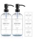 Vine Creations Clear Glass Soap Dispenser, 2 Pack Kitchen Soap Dispenser Set with Stainless Steel Pump, with Waterproof Labels (Matte Black)