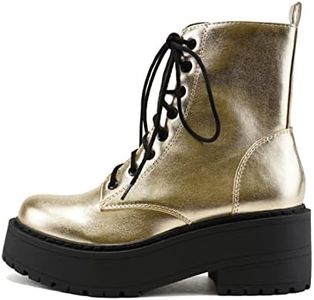 Soda FLING Women Chunky Lug Sole Lace up Fashion Combat Ankle Boot w/Side Zipper, Gold Metallic Pu, 7.5