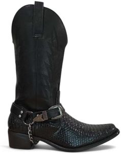 Jazamé Cowboy Boots for Men Tall Snake Print Belt & Chain Block Heel Western Boot Calf High Classic Round Toe
