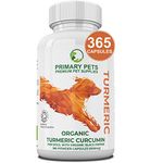 Primary Pets Premium Pet Supplies. Organic Turmeric for Dogs. 365 x 600mg Capsules. Curcumin Antioxidant Hip and Joint Aid Supplement with Active Piperine 12000mg