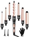 7 in 1 Curling Iron Wand Set, Ohuhu Upgrade Curling Wand with 7Pcs 0.35 to 1.25 Inch Interchangeable Ceramic Barrel and Heat Protective Glove, Dual Voltage Hair Curler, Rose Gold, Idea for Gift