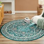 Floralux Round Rug 4ft, Washable Circle Rugs Non Slip, Low Pile Boho Small Circular Area Rug for Bedroom, Bathroom, Entryway (Dark Green, 4' Round)