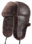 Zavelio Unisex Shearling Sheepskin Leather Aviator Russian Ushanka Trapper Winter Fur Hat, Brown, X-Large