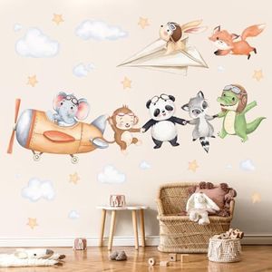 decalmile Stickers Muraux Animaux Avion Autocollant Mural Éléphant Singe Panda Lion Décoration Murale Chambre Enfants Bébé Pépinière Salon