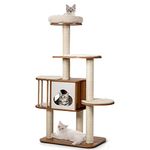 COSTWAY Wooden Cat Tree, Cats Climbing Tower with Condo, Sisal Scratching Posts and Washable Cushions, Indoor Kitten Activity Furniture Play House (142cm Tall, Natural)