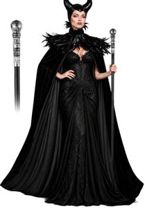 UQJE Black Gothic Witch Costume Set for Women Feather Shawl Horn Headpiece Cape Staff Halloween Accessories