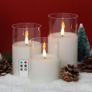 Eywamage Clear Glass Flameless Candles with Remote, Flickering Realistic LED Battery Pillar Candles Φ 3" H 4" 5" 6"