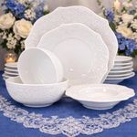 Tudor Royal 20-Piece Porcelain Round Dinnerware Set White Color, Service for 6 People, Whitehall Design, Plates Bowls Dishes, Unique Decorated with Embossed Designed and Scalloped Edges Pattern.
