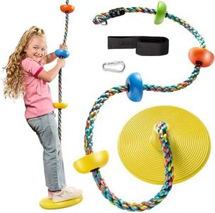 Jungle Gym Kingdom Tree Swing for Kids - Single Disc Seat and Rainbow Climbing Rope Set w/Carabiner and 4 Foot Strap - Treehouse and Outdoor Playground Accessories - Yellow