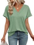 AUTOMET Womens Tops Short Sleeve T Shirt Summer V Neck Casual Top 2025 Cute Basic Trendy Spring Outfits Fashion LightGreen XL