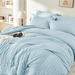 JOLLYVOGUE Light Blue Comforter Set 7 Pieces - King Size Seersucker Bed in a Bag Bedding Set for All Seasons - Soft and Comfortable - Machine Washable