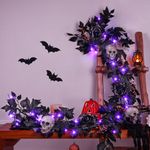 Shareconn Halloween Battery Operated Black Garlands Decorations with Purple LED Lights and Timer, Black Leaves Garland with Skull for Fireplace, Mantle, Stairs, Indoor, Outdoor Decor, 6FT/Pack