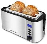 Elite Gourmet ECT4400B# Long Slot 4 Slice Toaster, Countdown Timer, 6 Toast Setting, Defrost, Cancel Function, Built-in Warming Rack, Extra Wide Slots for Bagel Waffle, Stainless Steel